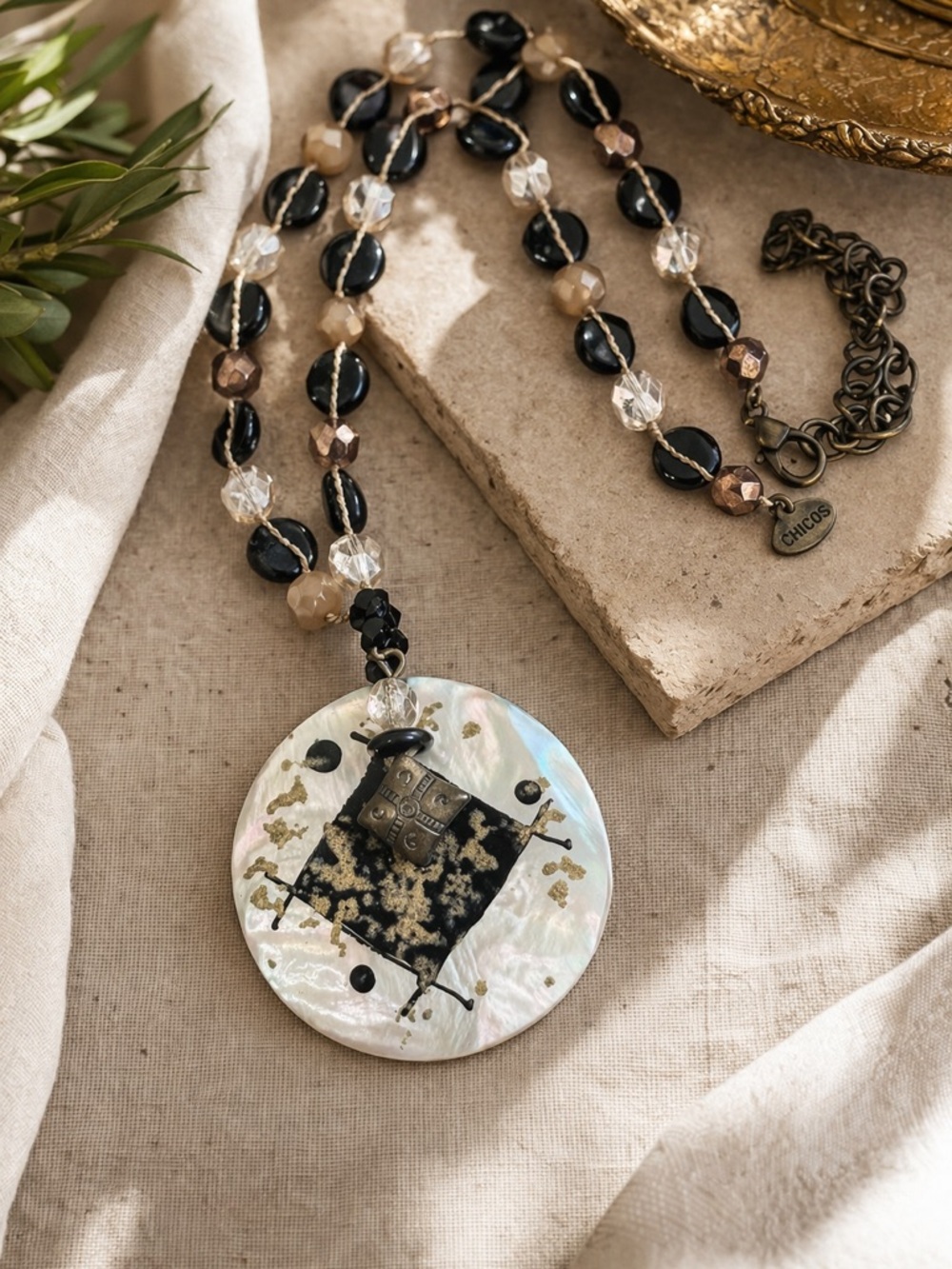Chico’s Statement Pendant Necklace Mother of Pearl Beaded Boho